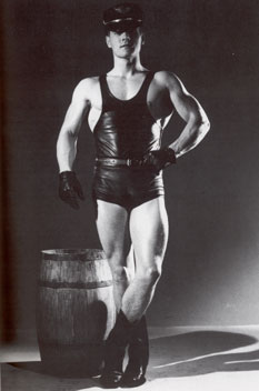 Photo by Tom Nicholl, early 1950's black leather shorts, shirt and cap